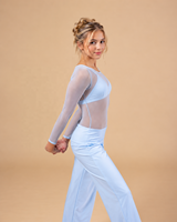 EDREI Costume de danse contemporaine lyrique bleu clair pour femme, en Spandex/Polyester, avec corsage en maille transparente à manches longues et bretelles contrastantes larges