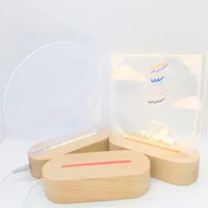 custom Oval 3d Night Light Wooden Base Crystal Acrylic Resin Handicraft Display Stand Custom Logo Led Wood Base