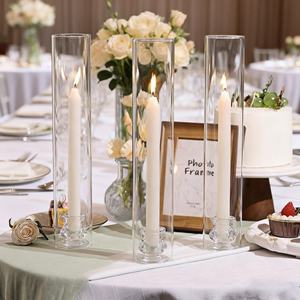 Bougeoir cylindrique en verre transparent à longue tige, romantique <span class=keywords><strong>pour</strong></span> mariage, design creux, coupe-vent, lumière de table - Product Image 1
