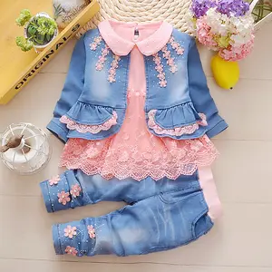 Elegant Floral Lace 3 Pieces Jeans Cotton 3 Years Newborn Baby Girls Clothes Set