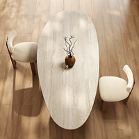 Table à manger ovale en pierre de style ancien Wabi-sabi, 4 chaises, structure en bois massif pour appartement, hôtel, villa