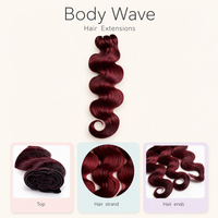 Paquetes de Cabello Virgen Remy Birmano 10A, Ondulado, 100% Cabello Humano, Color Borgoña Personalizado, Venta al Por Mayor