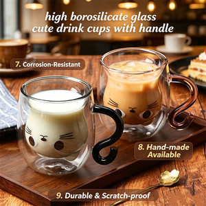 Accessoires pour boissons : Tasses à café, thé, lait en <span class=keywords><strong>verre</strong></span> borosilicate à double paroi, avec poignée en forme <span class=keywords><strong>de</strong></span> <span class=keywords><strong>queue</strong></span> <span class=keywords><strong>de</strong></span> chat mignonne, résistantes à la chaleur et isolées - Product Image 5