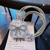 Funda Protectora de Silicona para Cargador con Diseño de Lazo Brillante Plateado con Diamantes para iPhone, Cable USB de 20W, Cabezal de Carga