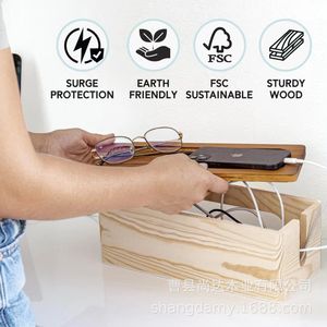 Caja de almacenamiento cuadrada de madera para regletas y cables domésticos con tapa, caja para cables de datos, caja organizadora de cables de madera maciza - Product Image 2