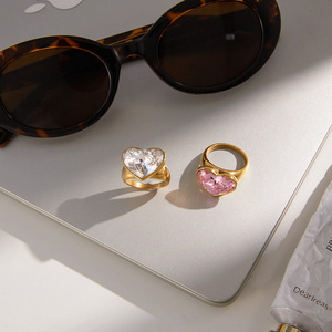 Heart Shape <b>Crystal</b> <b>Ring</b> Gold Plated Bezel Setting For Women Everyday Wear Jewelry Pink White Color Option - Product Image 4