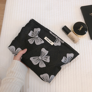 Bolsa de Maquillaje de Lona Jacquard con Lazo de Mariposa Pequeño en <span class=keywords><strong>Negro</strong></span> y Gris, con Cierre, Organizador de Cosméticos Portátil - Product Image 3