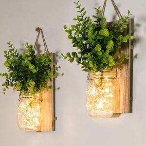 Apliques de Pared Rústicos, Apliques de Pared con Frascos de Vidrio, Decoración Rústica para el Hogar, Luces LED de Hadas, Planta Verde, Decoración de Interiores - Product Image 1