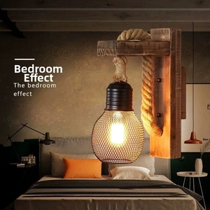 <span class=keywords><strong>Applique</strong></span> murale LED rustique industrielle en bois et <span class=keywords><strong>corde</strong></span> de chanvre, cage à ampoule en maille, CRI 90 élevé, lampe vintage style ferme pour chambre, café, restaurant - Product Image 2
