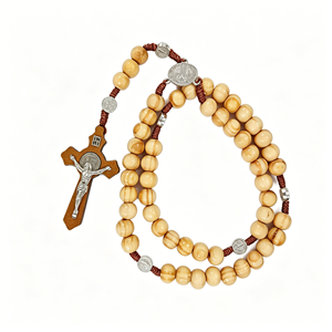Rosario Cattolico in Legno a 59 Grani con Crocifisso di San Benedetto, Collana di Preghiera in Legno di Pino e Ulivo per il Culto Religioso, da Appendere a Parete - Product Image 2