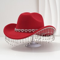 Chapeau de cowboy pour mariage et Saint-Valentin, décoré de diamants en forme de cœur et de pompons, chapeau de fête pour la mariée