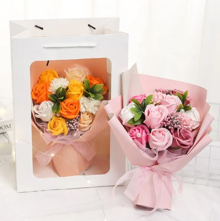 8 de março, mãe-mulher presente de férias natal rosa flor sabonete pequena buquê caixa de presente para a menina esposa e mamãe