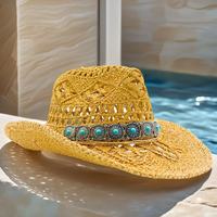 Chapeau de cowboy tissé style bohème western en gros, marron naturel, turquoise, concho argenté, pour festivals de musique, chapeaux de fête personnalisés pour adultes