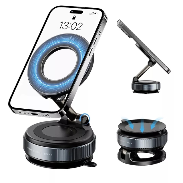 Adjustable 360° Magnetic Vacuum Suction Cup Car Phone Holder MagSafe Compatible Plastic Mount for Convenient Use