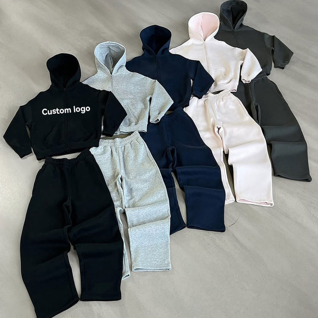 Oversized Zip-up Hoodie & Wide-leg Pants Set 350g Cotton-polyester Fleece Custom Logo 3D Embroidery Windproof & Breathable