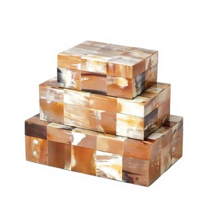Set of 3-Pieces Handcrafted <b>Beige</b> Geometric Pattern Horn Jewelry <b>Box</b> Elegant Decorative <b>Storage</b> <b>Box</b> Made from Real Buffalo Horn - Product Image 1