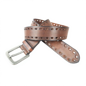 Equipro Genuine Leather <b>Belt</b> Hide Geometric Pattern Pin <b>Buckle</b> Rectangular <b>Silver</b> Vintage Style Breathable Durable 3.5cm Width - Product Image 1