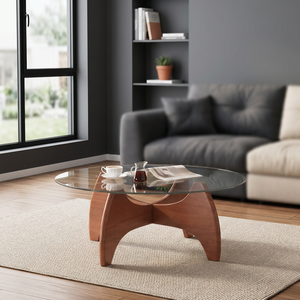 Table basse moderne en verre trempé rond avec base en bois, design mid-century, meubles de salon - Product Image 2