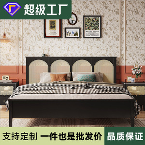 Italian Minimalist <b>Double</b> 1.8m Solid Wood Black <b>Bed</b> Platform Frame Rattan Headboard Bedroom Furniture - Product Image 5