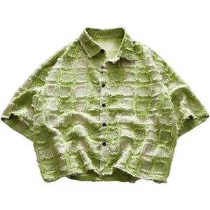 FOXA Men's Cropped Button Down Shirt <b>Y2k</b> Gingham Short Sleeve Box Fit Summer Streetwear Casual <b>Top</b> - Product Image 4