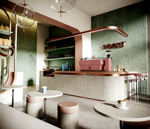Diseño Interior Moderno y Ecológico para Cafetería, Reciclable, con Barra y Muebles de Exhibición Personalizados, Materiales Adaptables - Product Image 1