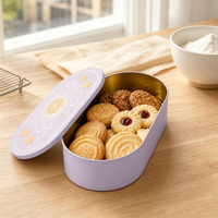 Boîte en étain ovale personnalisée pour biscuits, chocolats, bonbons, emballage alimentaire, avec couvercle ajusté, vente en gros, OEM, sur commande