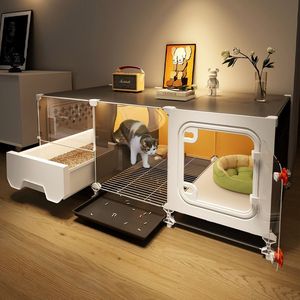 Litière pour chat tout-en-un en tissu, design compact et peu encombrant avec poulies, pour usage domestique, armoire pour chat <span class=keywords><strong>de</strong></span> style villa d'intérieur - Product Image 1