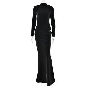 Robe de soirée à col haut, manches longues, coupe ajustée asymétrique, couleur unie, robe longue translucide pour femmes - Product Image 5