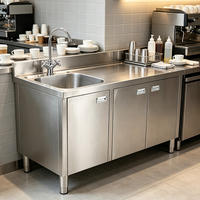 Meuble d'évier commercial 3 portes en acier inoxydable avec plan de travail intégré et crédence, résistant à la corrosion, pour cuisine professionnelle et table de préparation