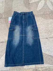 2024 קיץ חדש חצאית ג'ינס ארוכה לנשים וינטג' חצאית ג'ינס גבוהה מותן לנשים צינור ישר חצאית עיפרון גדולה בקו A