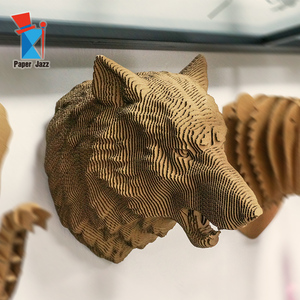 Décoration murale à suspendre fabriquée en usine pour la maison et le bureau, assemblage multi-couches, tête <span class=keywords><strong>de</strong></span> <span class=keywords><strong>loup</strong></span> 3D naturelle, <span class=keywords><strong>puzzle</strong></span> en carton écologique - Product Image 3