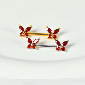 Barre de <span class=keywords><strong>piercing</strong></span> pour téton en acier inoxydable plaqué or, avec <span class=keywords><strong>double</strong></span> papillon multicolore en zircon cubique, pour usage quotidien, fêtes et décoration corporelle - Product Image 3