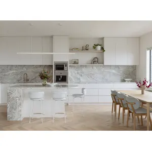 Luxury Simple White Kitchen Cabinet Grey Quartz Backsplash Custom Kitchen Cabinet With Curved Island