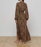 Robe longue de plage séduisante imprimé léopard, décolleté plongeant en V, manches ballon, ceinture à chaîne dorée, fente haute, robe de plage cache-maillot