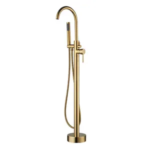 Beelee BL19001G Floor Mount Bathroom Brushed Gold Bath Tub Faucet Free Standing Bathtub Faucet Shower System Set