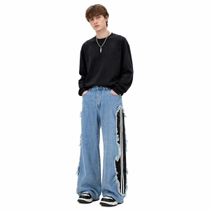 Nouveau pantalon en jean délavé <span class=keywords><strong>coupe</strong></span> large et ample, style streetwear américain, avec franges latérales contrastantes et design à 3 bandes, très visible - Product Image 1