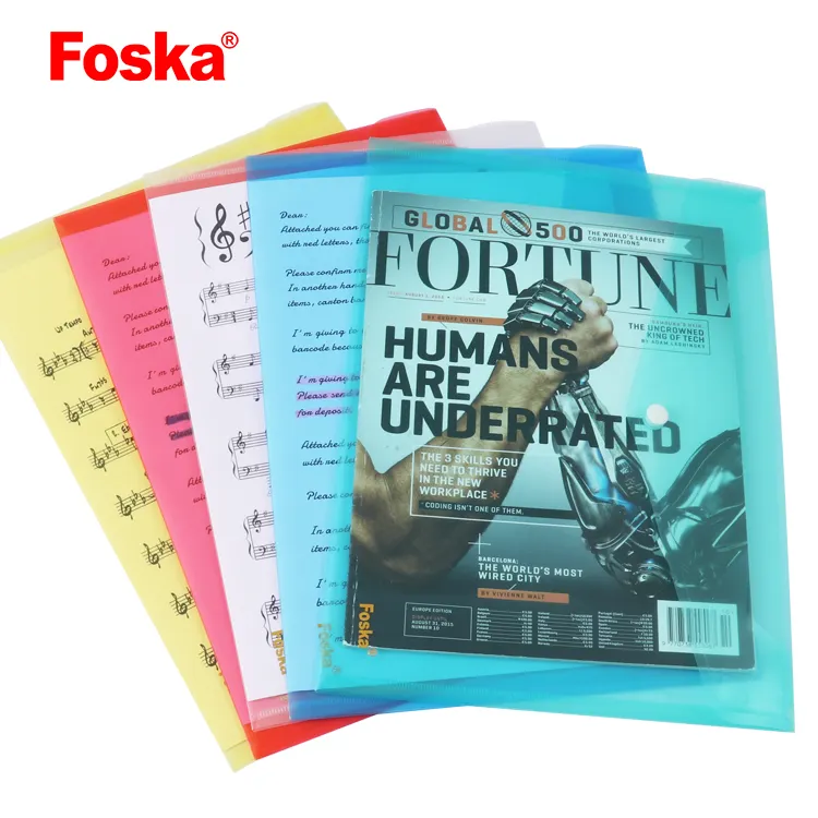 Foska China Supplier Large Capacity A4 PP Transparent Colorful Filing Fill Folder Document Bag with Snap for Office Business