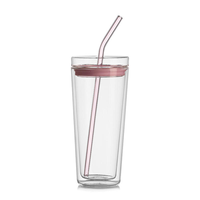 Gobelet à eau réutilisable en verre borosilicate haute résistance, à double paroi, avec couvercle en silicone et paille en verre