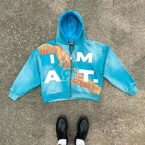 男性ヒップホップヘビーウェイトスウェットシャツ刺繍アップリケ酸ウォッシュジップアップピンクパーカー - Product Image 4