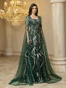 <span class=keywords><strong>Vestido</strong></span> de Noche de Lujo para Mujer, Estilo Vintage, Color <span class=keywords><strong>Verde</strong></span> <span class=keywords><strong>Esmeralda</strong></span>, Corte en A, con Mangas Transparentes y Escote Corazón, Adornado con Lentejuelas Bordadas - Product Image 3