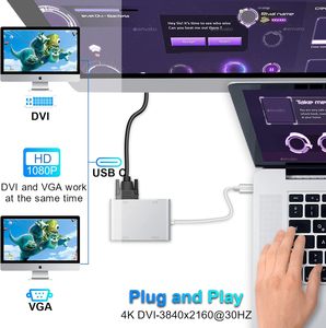 Hub adattatore video USB-C/VGA/<span class=keywords><strong>DVI</strong></span> 4K con 4 porte per connettori Mac/PC/iPad/XPS-maschio/femmina - Product Image 3