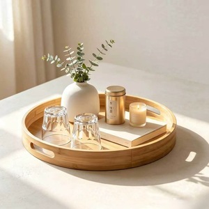 Bamboo Round <b>Tea</b> <b>Tray</b> Double Handle Household Serving <b>Tray</b> For <b>Tea</b> Set Customizable Natural Wood Design - Product Image 1