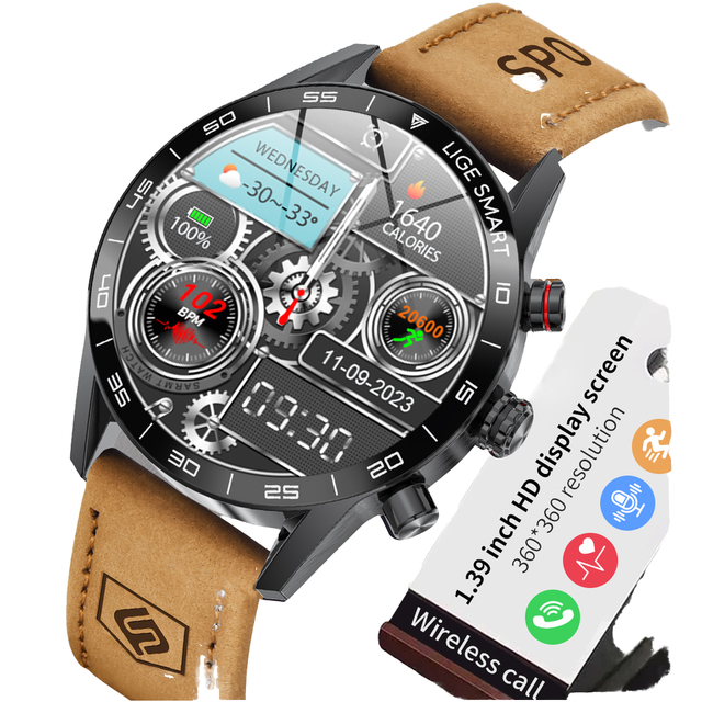New BW0408 Brown Leather Smart Watch for Men Answer Dial Call Fitness Tracker Watch Waterproof Men Smart Watch for Android IOS