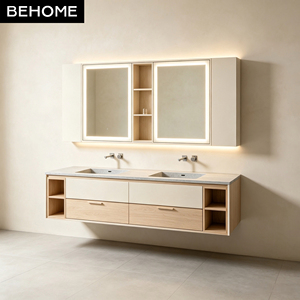Meuble-lavabo mural double vasque moderne industriel avec miroir LED et armoires, comptoir en <span class=keywords><strong>dalle</strong></span> de roche, idéal <span class=keywords><strong>pour</strong></span> hôtel et villa - Product Image 2