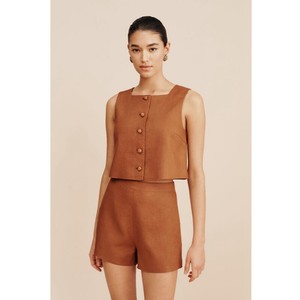 Women's <b>Old</b> Money Style Linen Square Neck Vest A-Line Shorts, Slimming Sleeveless Cropped Top Two-Piece Set - Product Image 1
