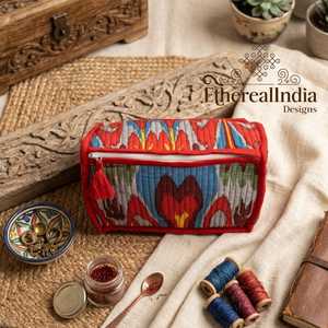 Quilted Ikat Makeup Bag Cotton Toiletry Pouch Travel Organizer <b>Boho</b> Cosmetic Storage Bag - Product Image 2