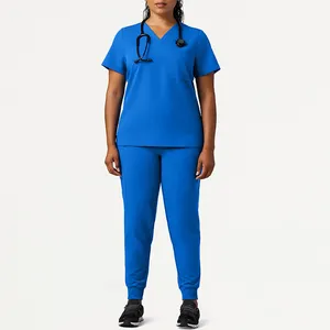 패션 주름 방지 스크럽 의료 스크럽 유니폼 V 넥 케어 여성 간호사 바지 스크럽웨어
