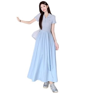 French Style Blue Fitted Waist Dress Women Polo Collar Tie Waist Long Dress Daily Casual Wear - Product Image 5
