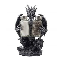 Ensemble salière et poivrière en résine lavable, fait main, motif dragon médiéval, en argent antique, avec support pour bouteilles