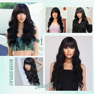 28 Inch Tự Nhiên Tóc Giả Màu Đen Với Đầy Đủ <span class=keywords><strong>Bangs</strong></span> Cơ Thể Dài Lượn Sóng Tóc Giả Tóc Chịu Nhiệt Tổng Hợp Không Có Ren Tóc Giả Cho Phụ Nữ - Product Image 6